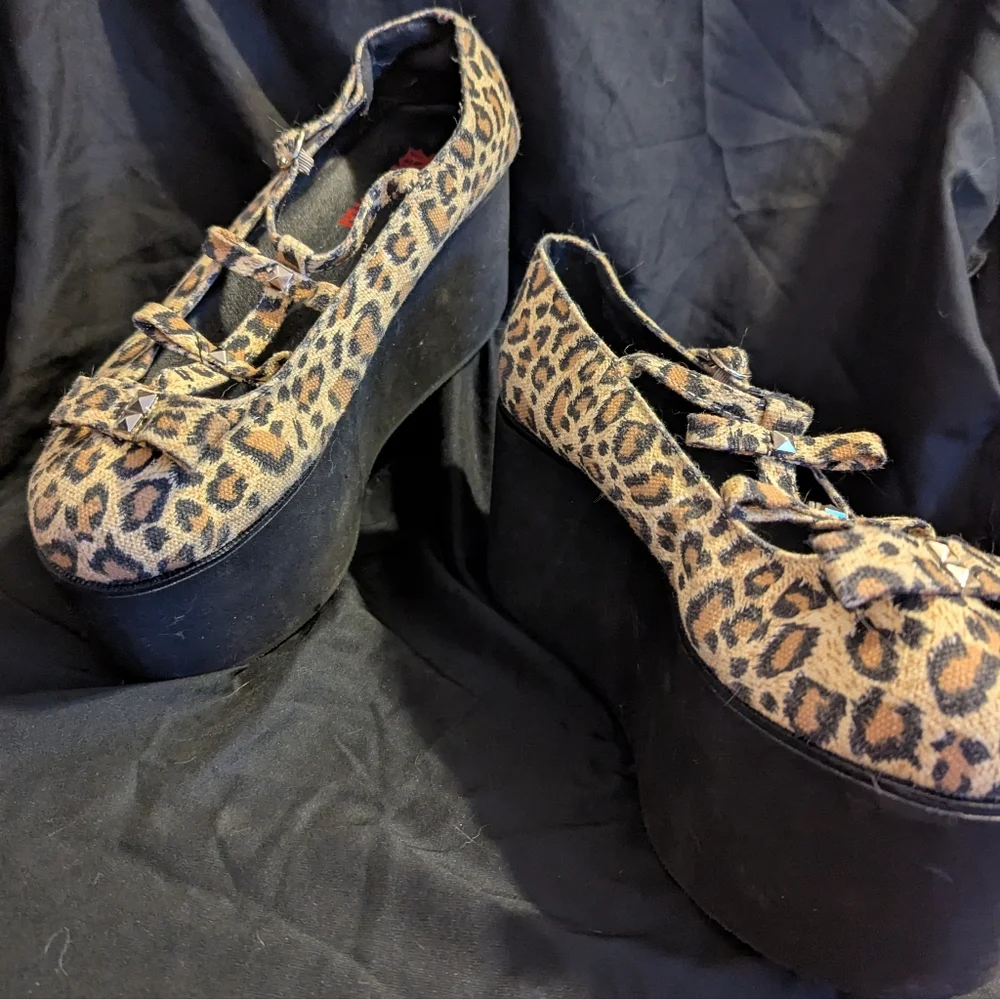 Demonia Studded Cheetah Print Platform Shoes